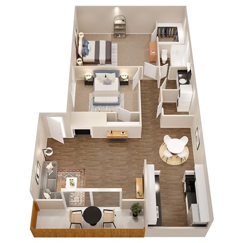 a 3d drawing of a floor plan with a bedroom and living room